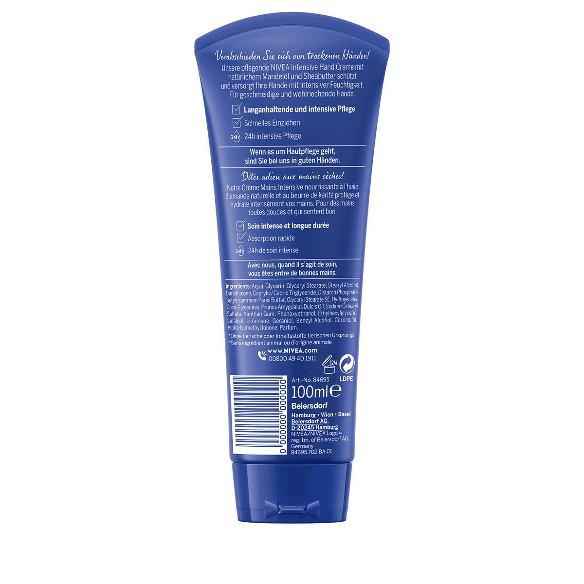 NIVEA Handcreme Intensive Pflege in einer blauen Tube, mit weißem NIVEA-Logo und der Aufschrift „Intensive Care“. Für sehr trockene Hände, spendet langanhaltende Feuchtigkeit.