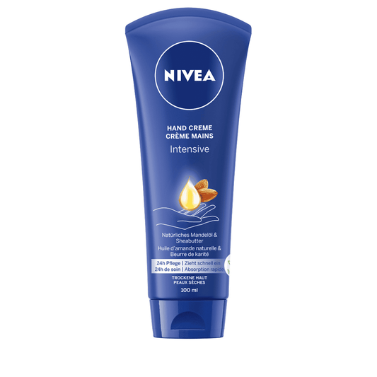 NIVEA Handcreme Intensive Pflege in einer blauen Tube, mit weißem NIVEA-Logo und der Aufschrift „Intensive Care“. Für sehr trockene Hände, spendet langanhaltende Feuchtigkeit.