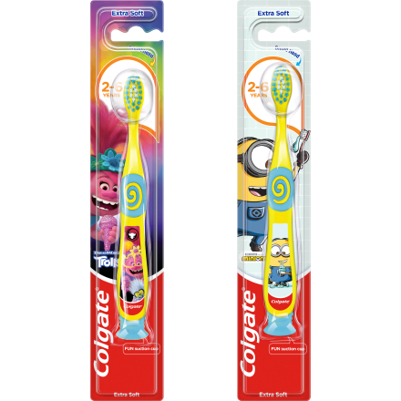 Colgate Kinderzahnbürste mit extra weichen Borsten in Blau und Rot für Kinder von 2 bis 6 Jahren.